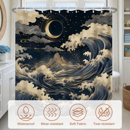 Japanese Style Ocean Waves Waterproof Coastal Shower Curtain with Hooks
