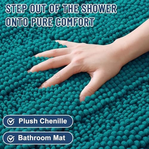 Grandaily Chenille Striped Bathroom Rugs 44x24, Extra Thick and Soft Absorbent Bath Mats, Rubber Backing, Plush Shaggy Shower Carpet, Machine Wash Dry, Bath Rug for Bathroom, Deep Lake