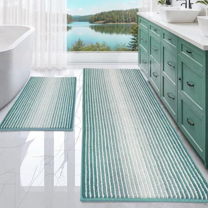 BSICPRO Bathroom Rugs Sets 2 Piece, Non Slip Striped Bath Mats, Aqua Green