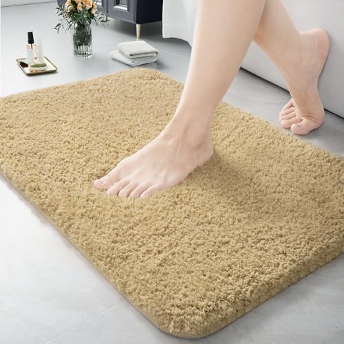 LOCHAS Bathroom Rugs 24x17 Inch, Microfiber Bath Rug Non Slip, Beige