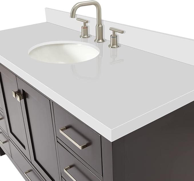ARIEL 55" Espresso Bathroom Vanity with 1.5" Edge Pure White Quartz Countertop & Backsplash, Center Oval Sink, 2 Soft Closing Doors, 9 Full Extension Dovetail Drawers, Satin Brass