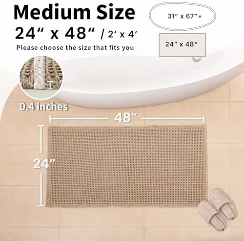 Waffle Bath Mat, Boho Bathroom Rug Non Slip Washable, 24 x 48, Khaki