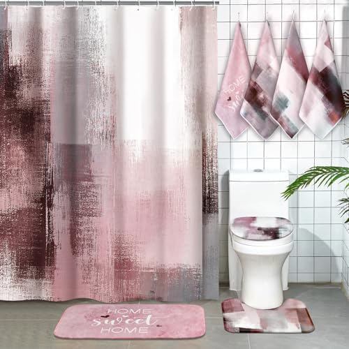 Honoson 8 Pcs Pink and Grey Bathroom Decor Set with Shower Rug and Curtain