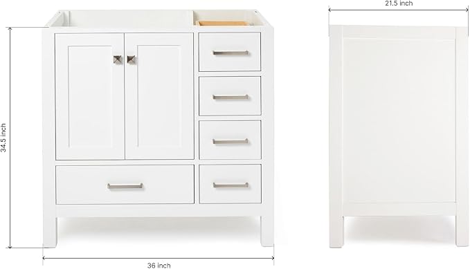 ARIEL Cambridge 36-inch Bathroom Vanity Base Cabinet,Solid Wood, 2 Soft Closing Doors, 5 Dovetail Drawers, White