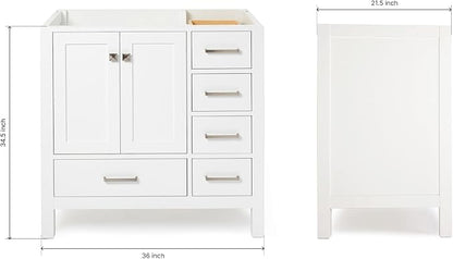 ARIEL Cambridge 36-inch Bathroom Vanity Base Cabinet,Solid Wood, 2 Soft Closing Doors, 5 Dovetail Drawers, White