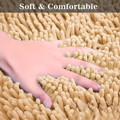 Half Round Bath Mat Beige Bathroom Rugs Semicircle Chenille Bath Rugs Water Absorbent Floor Mats for Kids Washable Bathroom Shower Mat Area Rugs (19.2" x 31.1")