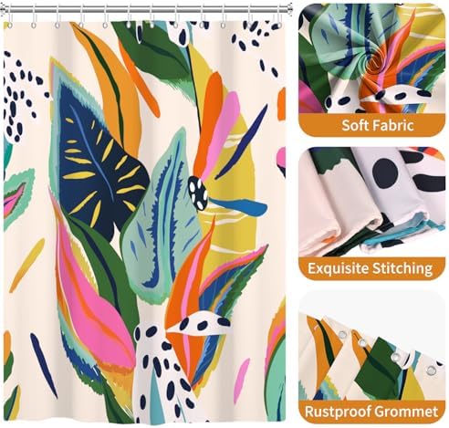 deFouliao Boho Shower Curtain, Colorful Floral Waterproof Shower Curtain for Bathroom with Modern Abstract Art Jungle Plant Leaf Bathroom Bathtub Home Curtain Decor, Washable with Hooks, 72Wx78L