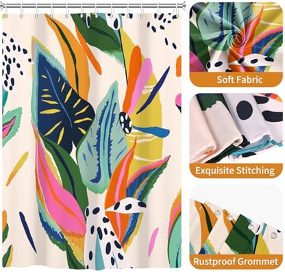 deFouliao Boho Shower Curtain, Colorful Floral Waterproof Shower Curtain for Bathroom with Modern Abstract Art Jungle Plant Leaf Bathroom Bathtub Home Curtain Decor, Washable with Hooks, 72Wx78L