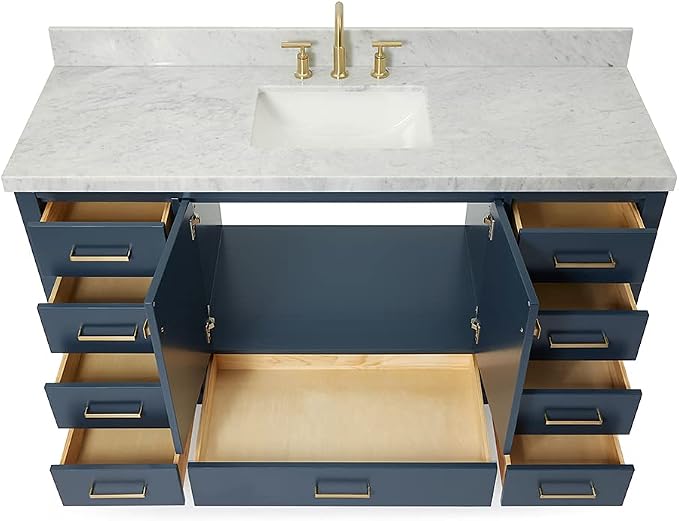 ARIEL Cambridge 60-inch Bathroom Vanity with Sink,Solid Wood, 1.5-inch Italian Carrara Marble Countertop, Single Rectangular Porcelain Sink, 2 Soft Closing Doors, 9 Dovetail Drawers, Midnight Blue