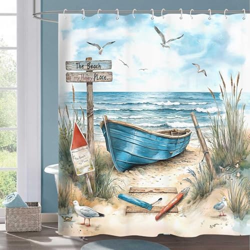 Nautical Coastal Shower Curtain for Bathroom, Ocean Beach Decor Bath Curtains, Blue Teal Seasides Sailboat Shower Curtain Set with Hook 72X72IN