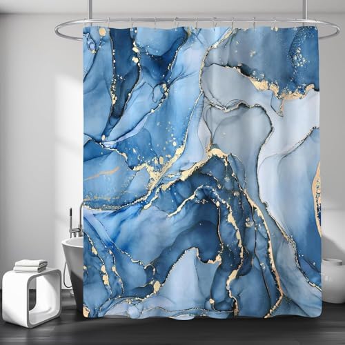 NBVKO 4 Pcs Blue Marble Shower Curtain Sets with Rugs Gold Bathroom Sets with Shower Curtain and Rugs Modern Abstract Bathroom Decor Accessories Shower Curtains for Bathroom Toilet Lid Cover