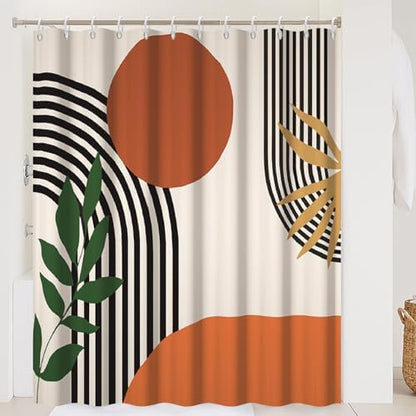 Mid Century Boho Shower Curtain, Abstract Minimalist Sunrise Fabric Shower Curtain Set Orange Waterproof Polyester Morden Abstract Leaves and Arch Bathroom Curtain Set with Hooks, 72x72 Inch