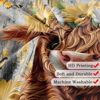 Cute Baby Highland Cow Shower Curtain, Farmhouse Yellow Wooden Daisy Shower Curtain for Bathroom Set, Funny Cattle Rustic Animal Fabric Waterproof Shower Curtains for Bathtub Decor with Hooks 36X72in