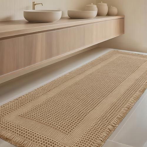 IM HOME Extra Large Waffle Bath Mat, Boho Bathroom Rugs Absorbent Non Slip, Soft Bathroom Mats, Machine Washable Knit Bath Rugs with Tassels for Bathroom, Bedroom, Kitchen, Shower, Tub, Beige, 5'x2'
