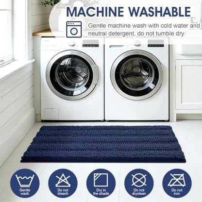 ACCUMTEK Striped Navy Blue Toilet Bathroom Rug Mat Set 2 piece Rug Ultra Soft, Non Slip Chenille Bath Rugs, Absorbent Plush Shaggy Bath Mats for Bathroom, Bedroom, Kitchen, Shower, Tub