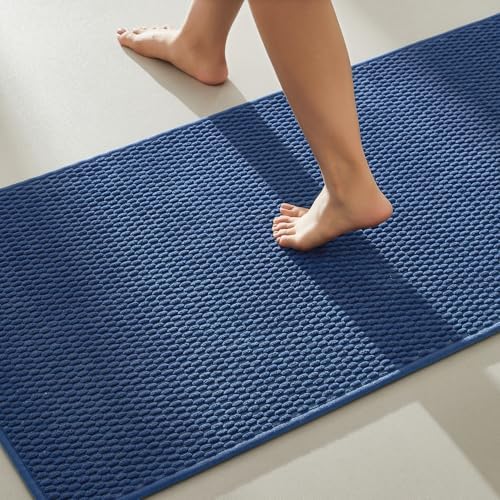 TYUU Bathroom Rugs Non Slip Washable, Super Absorbent Thin Bath Mat Quick Dry Low Pile Bathroom Rug, Navy Blue 20"x48"
