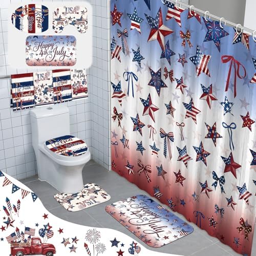 FuWeave 8 Pcs 4th of July & Memorial Day Shower Curtain Set, 250th Anniversary Patriotic Bathroom Decor, White Red Blue Star Flag American Bathroom Set with Towel, Rug, Toilet Lid Cover & 12 Hooks