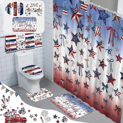 FuWeave 8 Pcs 4th of July & Memorial Day Shower Curtain Set, 250th Anniversary Patriotic Bathroom Decor, White Red Blue Star Flag American Bathroom Set with Towel, Rug, Toilet Lid Cover & 12 Hooks