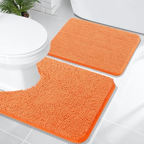 OLANLY Chenille Bathroom Rugs Mats Sets 2 Piece, 24"x16"+24"x20", Orange