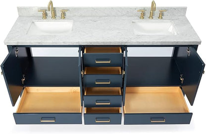 DKB Beckford 72 Inch Bathroom Vanity Double Sink — Midnight Blue Bathroom Vanity with Sink, 1.5" Edge Italian Carrara Marble Countertop & Backsplash, 4 Soft-Close Doors, 6 Dovetail Drawers