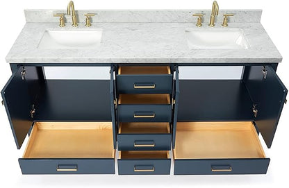 ARIEL Cambridge 72-inch Bathroom Vanity with Sink,Solid Wood, 1.5-inch Italian Carrara Marble Countertop, Double Rectangular Porcelain Sink, 4 Soft Closing Doors, 6 Dovetail Drawers, Midnight Blue
