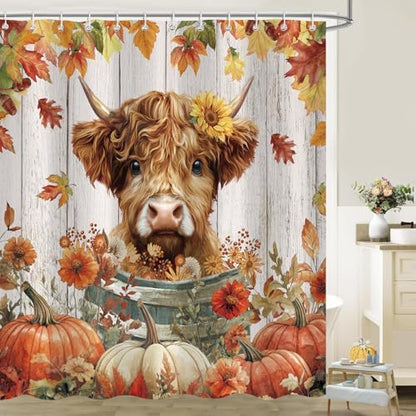 Fall Highland Cow Shower Curtain, Funny Autumn Pumpkin Farmhouse Thanksgiving Bathroom Decor, 72 x 72 Inch Polyester Fabric Waterproof Bathroom Curtain with 12 Hooks