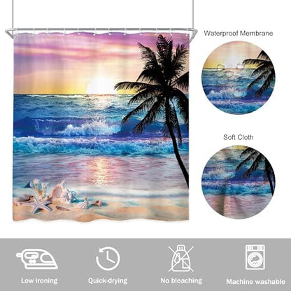 Ocean Coastal Sunrise Beach Tropical Palm Tree Bathroom Shower Curtain Set
