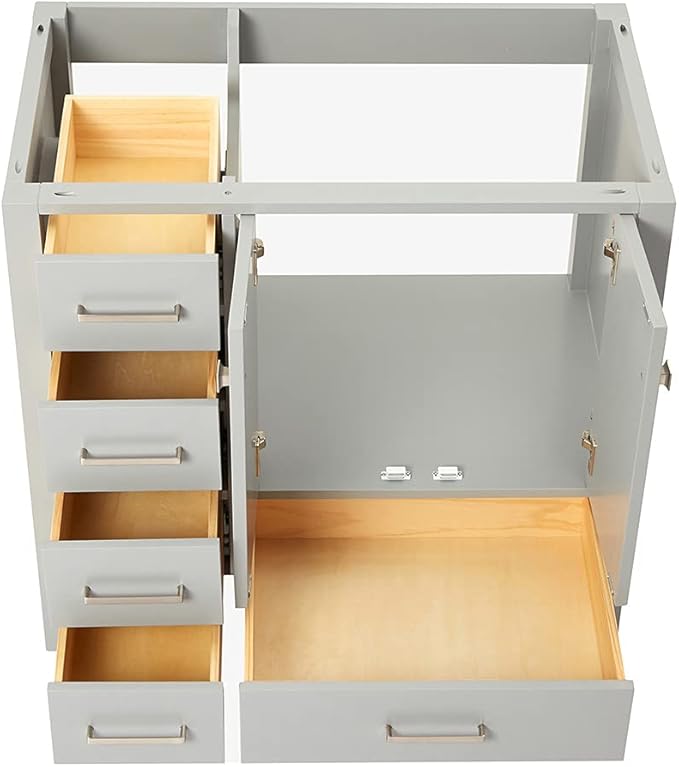 ARIEL Cambridge 36-inch Bathroom Vanity Base Cabinet,Solid Wood, 2 Soft Closing Doors, 5 Dovetail Drawers, Grey