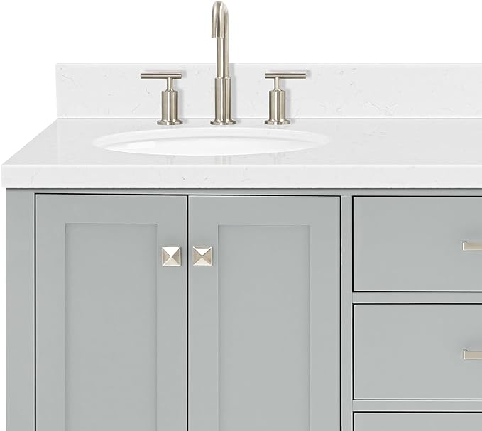 ARIEL Cambridge 66-inch Bathroom Vanity with Sink,Solid Wood, 1.5-inch Carrara White Quartz Countertop & Backsplash, Double Oval Porcelain Sink, 4 Soft Closing Doors, 6 Dovetail Drawers, Grey