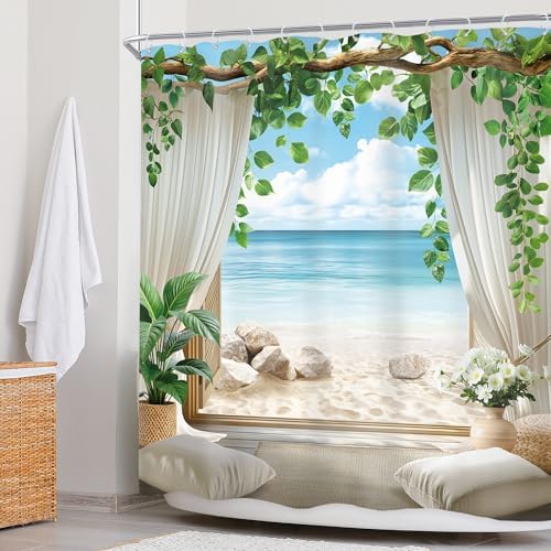 Ocean Coastal Blue Sea Beach Beachy Tropical Bathroom Shower Curtain Set