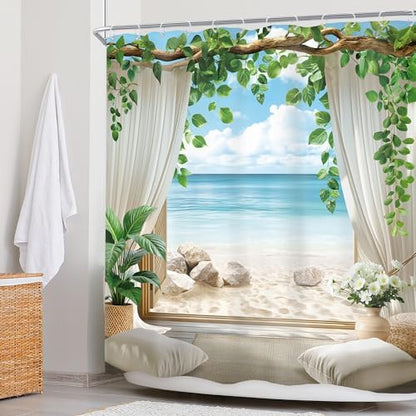 Ocean Coastal Blue Sea Beach Beachy Tropical Bathroom Shower Curtain Set