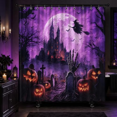 Halloween Shower Curtain, Purple Gothic Castle Bathroom Curtain, Witch Moon Bats Pumpkin Graveyard Spooky Waterproof Polyester Fabric Bath Curtain with Hooks 72x72 Inch