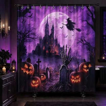 Halloween Shower Curtain, Purple Gothic Castle Bathroom Curtain, Witch Moon Bats Pumpkin Graveyard Spooky Waterproof Polyester Fabric Bath Curtain with Hooks 72x72 Inch