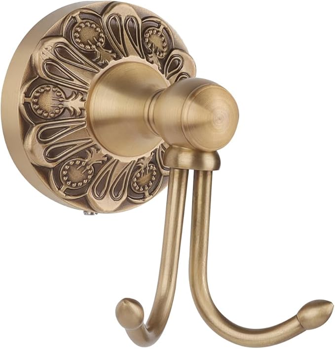 Wall Mounted Antique Brass Towel Hook Bathroom Hook for Clothing & Robe Hanger, Screws Install Shower, Vintage Gold Brass Petal-Relief Series Longhorn Double Hook