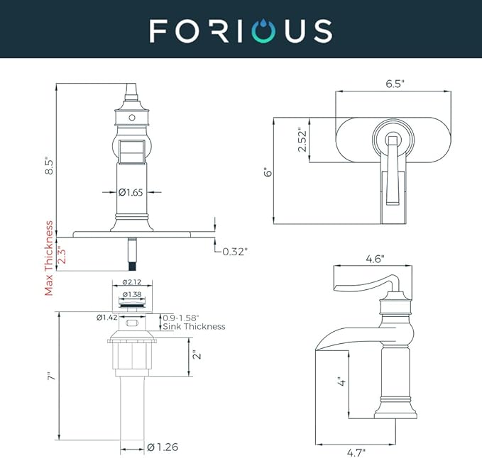 FORIOUS Black Waterfall Bathroom Faucet, Single Handle Antique Bathroom Sink Faucet with Deck Plate, Lead-Free CUPC Hose and Metal Pop-up Drain for 1 Hole or 3 Hole Farmhouse, Lavatory, Vanity