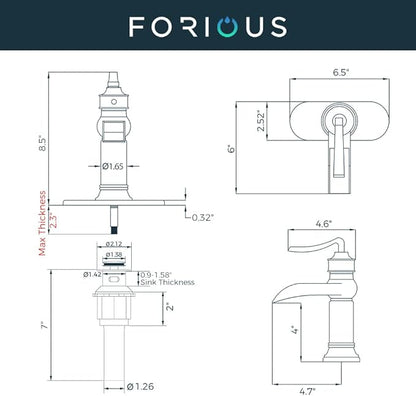 FORIOUS Black Waterfall Bathroom Faucet, Single Handle Antique Bathroom Sink Faucet with Deck Plate, Lead-Free CUPC Hose and Metal Pop-up Drain for 1 Hole or 3 Hole Farmhouse, Lavatory, Vanity