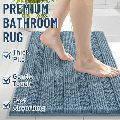 Grandaily Chenille Striped Bathroom Rugs 36x24, Extra Thick and Soft Absorbent Bath Mats, Rubber Backing, Plush Shaggy Shower Carpet, Machine Wash Dry, Bath Rug for Bathroom, Airy Blue
