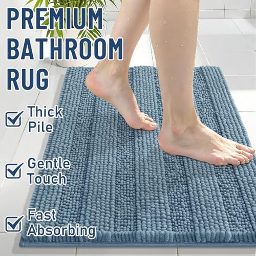 Grandaily Chenille Striped Bathroom Rugs 47x20, Extra Thick and Soft Absorbent Bath Mats, Rubber Backing, Plush Shaggy Shower Carpet, Machine Wash Dry, Bath Rug for Bathroom, Airy Blue