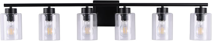 6 Light Bathroom Light Fixtures, 40 Inches Bathroom Lighting Fixtures Over Mirror, Black Vanity Light with Clear Glass Shades