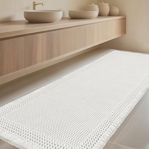 IM HOME Extra Large Waffle Bath Mat, Boho Bathroom Rugs Absorbent Non Slip, Ultra Soft Bathroom Mat, Machine Washable Knit Bath Rugs with Border for Bathroom, Bedroom, Kitchen, Shower, 6'x2', White