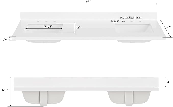 ARIEL 67 inch Double Bathroom Vanity top with Sink, 1.5 Inch Thick Miter Edge White Quartz top, Rectangle Double Sink Vanity top, Includes Backsplash