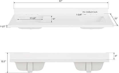 ARIEL 67 inch Double Bathroom Vanity top with Sink, 1.5 Inch Thick Miter Edge White Quartz top, Rectangle Double Sink Vanity top, Includes Backsplash