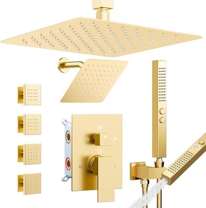Shower System with 4 Body Spray Jets, STARBATH 4 Way 12 + 6"Rainfall Shower Head with Handheld Combo, Ceiling Mounted Shower Jets System in Wall Shower Faucet Set, Brushed Gold