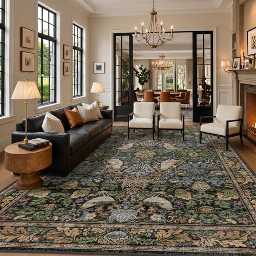 Vintage 8x12 Area Rug for Living Room - Green Botanical & Bird Patterned Rugs for Dining Room Rugs, Bedroom Under Bed, Traditional Cottage Brown and Green Décor, Washable Non Slip Foldable Carpet