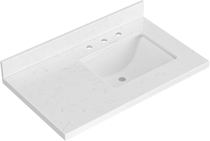 ARIEL 36 inch Bathroom Vanity top with Sink, 1.5 Inch Thick Miter Edge Carrara White Quartz top, Right Offset Vanity top with Rectangle Porcelain Sink, Includes Backsplash