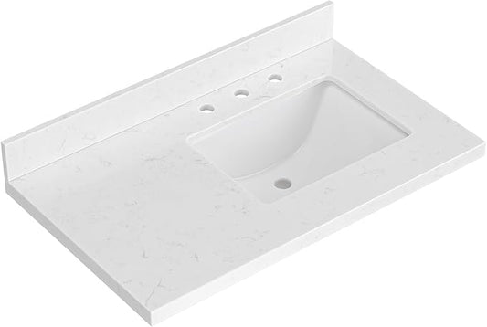 ARIEL 36 inch Bathroom Vanity top with Sink, 1.5 Inch Thick Miter Edge Carrara White Quartz top, Right Offset Vanity top with Rectangle Porcelain Sink, Includes Backsplash