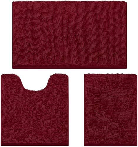 HOMEIDEAS Burgundy Chenille Bathroom Rugs Set of 3, Non Slip Bath Mat
