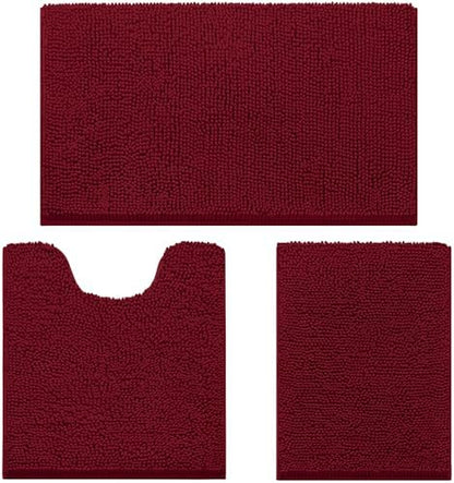 HOMEIDEAS Burgundy Chenille Bathroom Rugs Set of 3, Non Slip Bath Mat