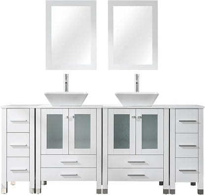 LUCKWIND 72" Double 24-in Bathroom Vanity with Sink Combo, Elegant Series with Two 12.6-in Side Cabinets, Painted Frame, Including White Square Sinks, Faucets Without Mirrors, White