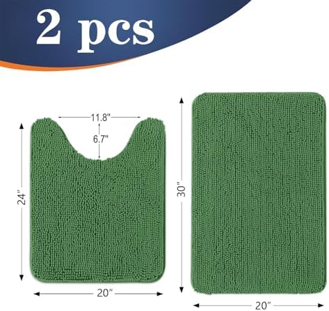 OLANLY Chenille Bathroom Rugs Sets 2 Piece, 30"x20"+24"x20", Olive Green